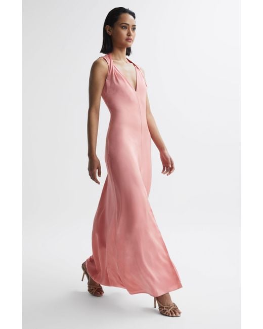 Reiss Pink Lila - Coral Bridesmaid Twist Detail Midi Dress, Us 2