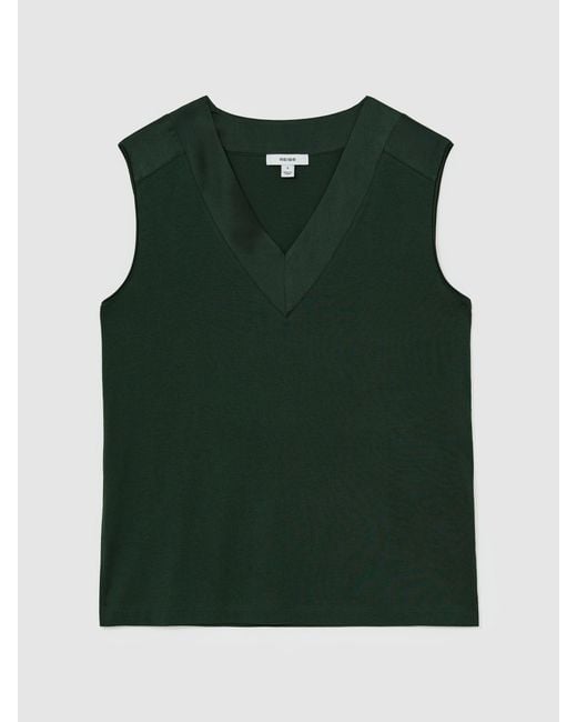 Reiss Kallie - Teal Green Cotton-modal Silk-trim Sleeveless Top, M