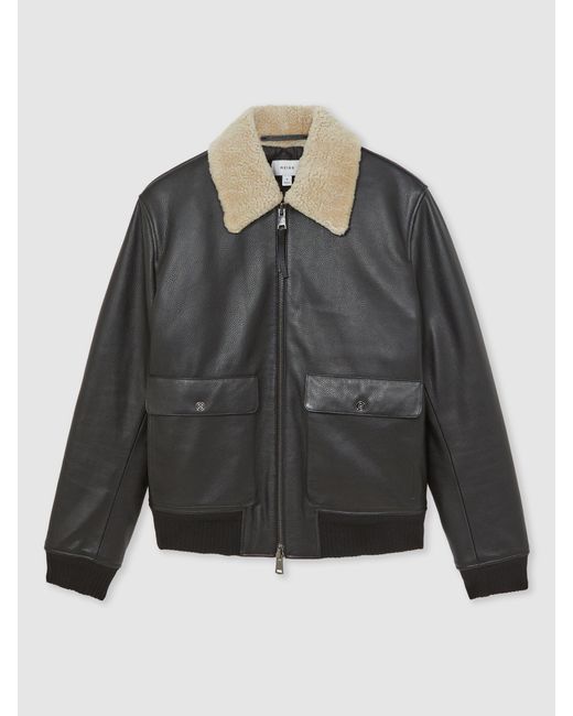 Reiss Gray Leather Shearling-Collar Bomber Jacket for men