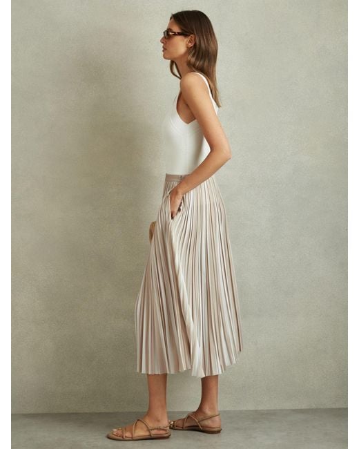 Reiss Natural Lexie - Neutral Striped Pleated Midi Skirt