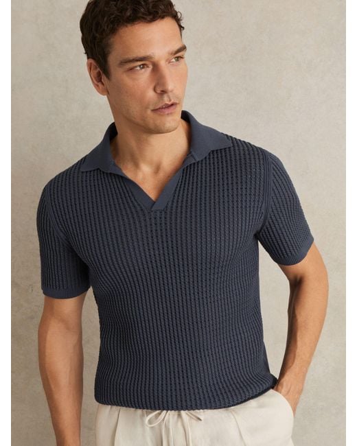 Reiss Merit - Dark Airforce Blue Micro-cable Open-collar Cotton-blend Shirt, Xs for men