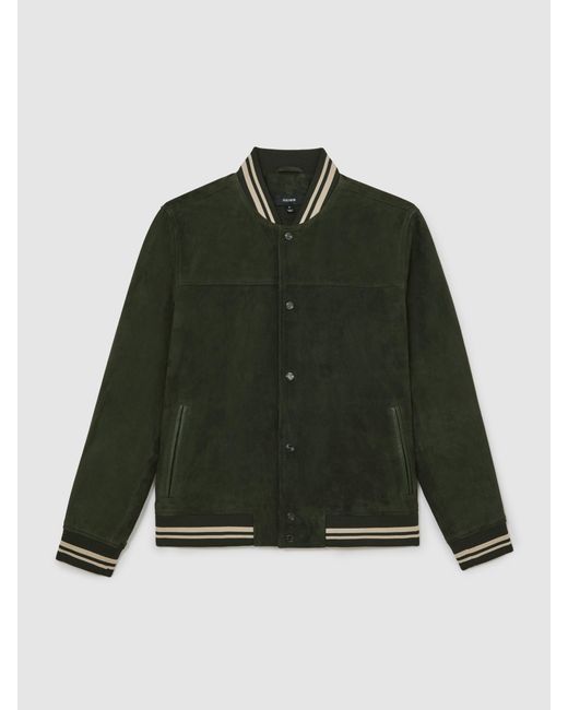 Reiss Black Suede Stripe-Trim Bomber Jacket for men