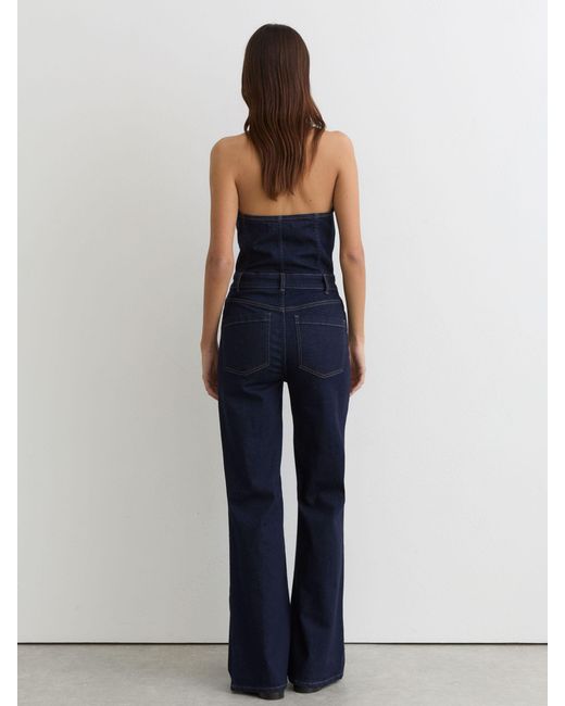 Reiss Blue Denim Halterneck Flared Jumpsuit