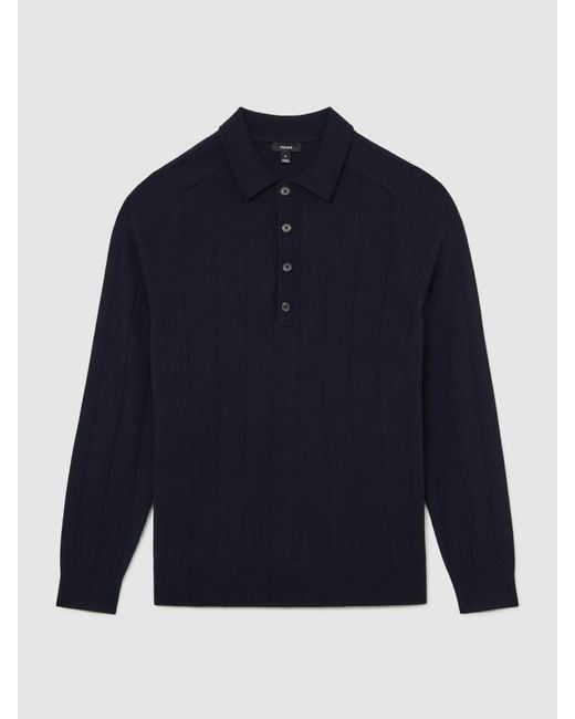 Reiss Blue Merino Wool Wide-Rib Polo Jumper for men