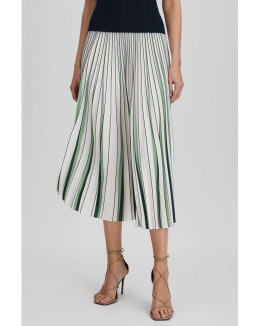 Reiss Blue Saige - Green/cream Pleated Striped Midi Skirt, Us 2