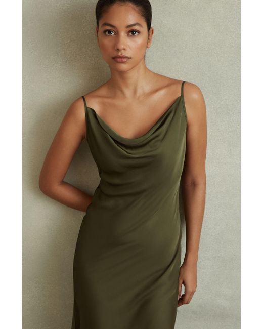 Reiss Green Isabel - Khaki Satin Cowl Neck Midi Dress