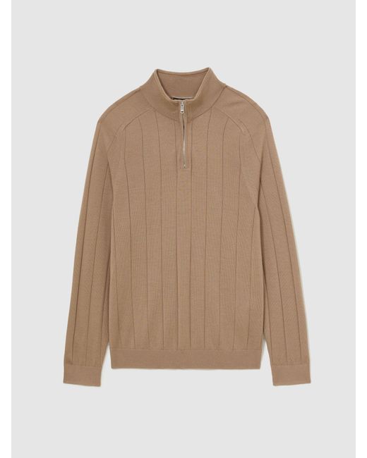 Reiss Findlay - Camel Brown Merino Wool Wide-rib Half-zip Jumper, L for men