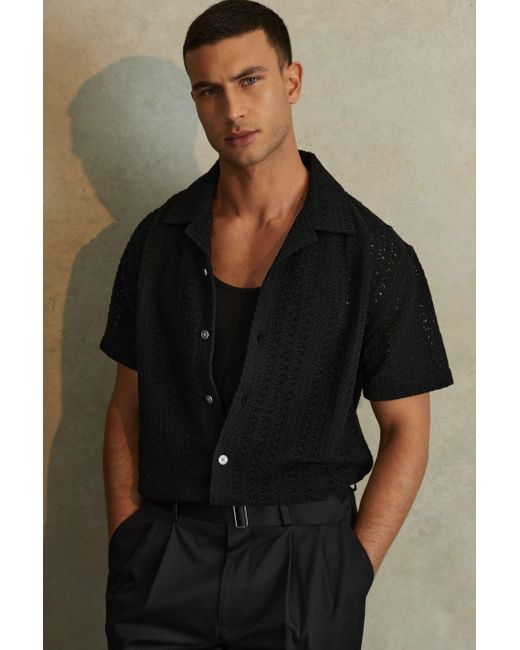 Reiss Paradise - Black Cotton Crochet Cuban Collar Shirt for men