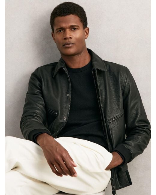 Reiss Black Grained Leather Zip Through Jacket for men