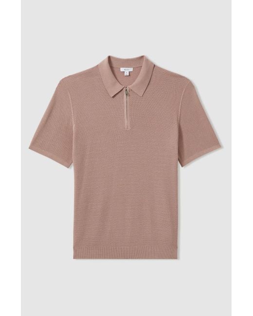 Reiss Brown Ivor - Soft Pink Textured Half-zip Polo Shirt, Xs for men