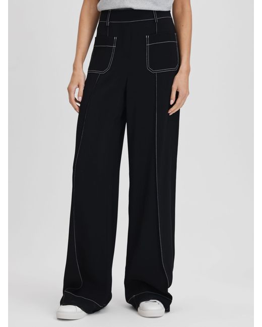 Reiss Black Kylie Contrast Stitch Detail Wide Leg Trousers
