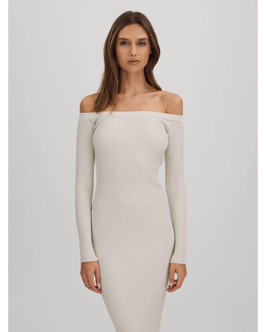 GOOD AMERICAN Gray Ribbed Off The Shoulder Maxi Dress