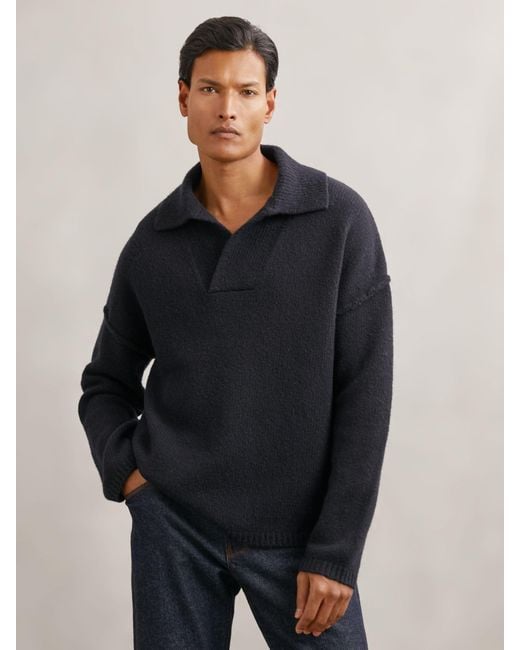 Reiss Blue Wool-Blend Relaxed Open-Collar Jumper for men