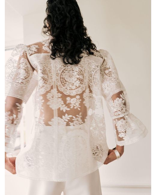 Reiss Brown Sheer Lace Tie-Neck Blouse