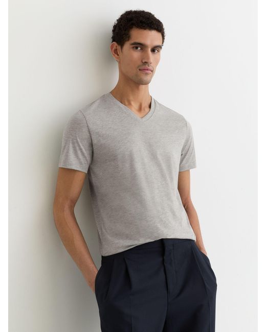 Reiss Gray Dayton - Grey Melange Cotton V-neck T-shirt, Large for men