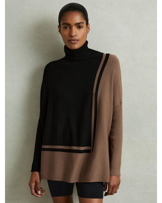 Reiss Multicolor Sophia - Black/mink Colourblock Roll Neck Split Hem Jumper, Xs