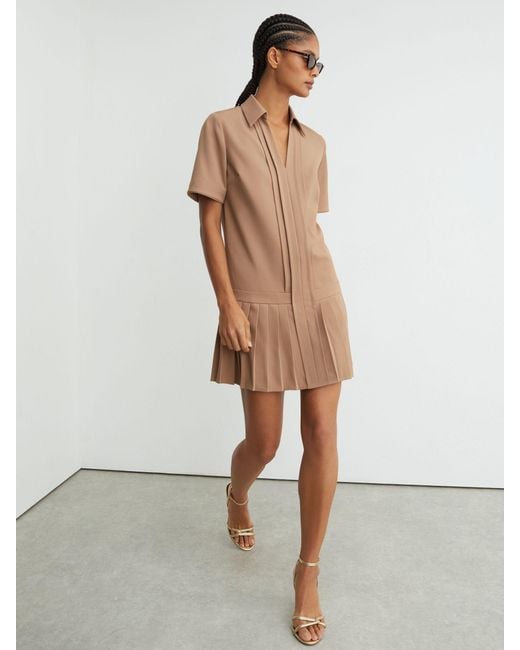 Reiss Natural Pleated-Skirt Collared Mini Dress