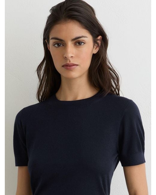 Reiss Blue Livy - Navy Short-sleeve Knitted Top With Linen, M (us 8-10)
