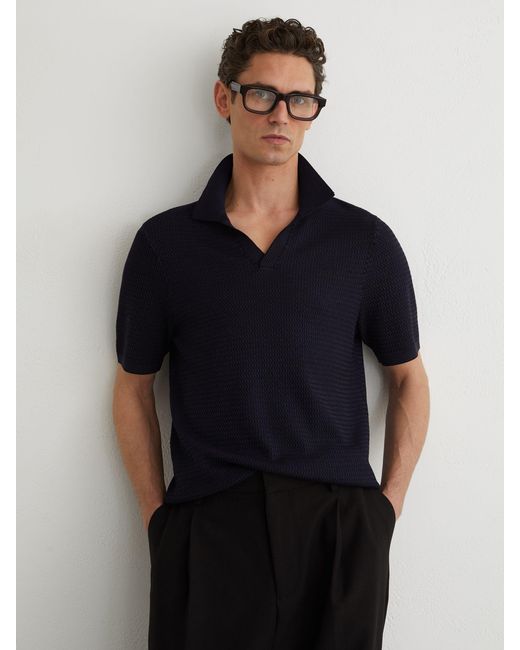 Reiss Black Redbury - Navy Open-collar Textured-knit Polo Shirt, S for men