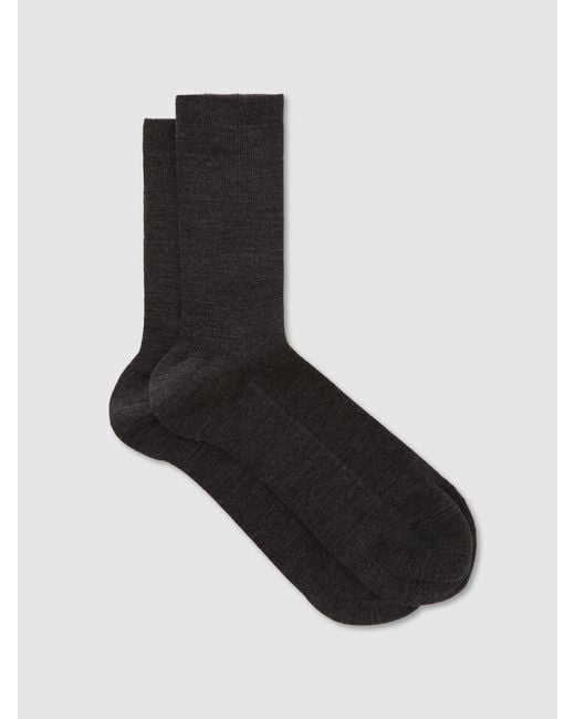 Reiss Black Charlie - Charcoal Wool-cotton Fine-rib Socks, Us 2 - 4