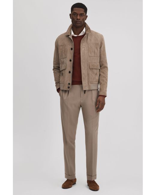 Reiss Natural Valentine - Taupe Slim Fit Wool Blend Trousers With Turn-ups for men