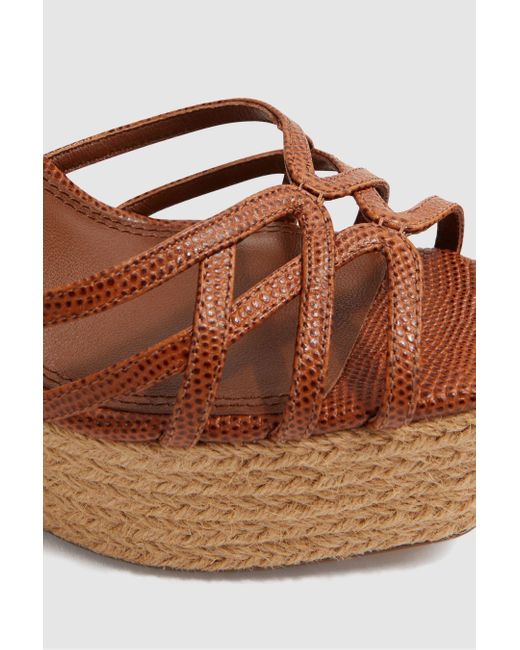 Reiss Natural Elle - Tan Leather Raffia Platform Wedge Heels, Us 7.5