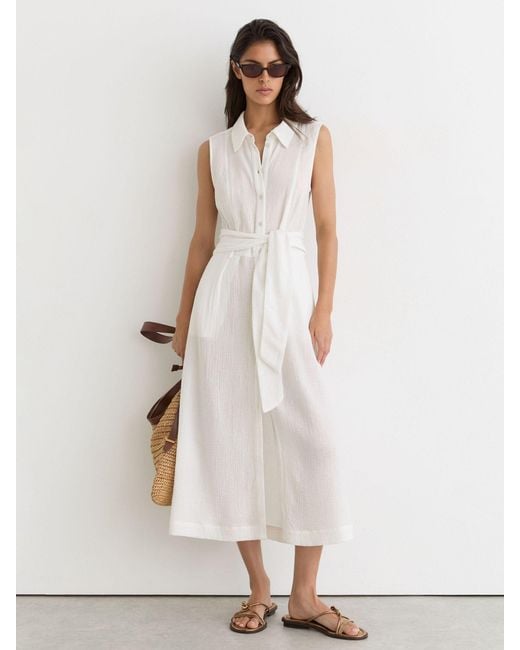 Reiss White Cotton Cheesecloth Belted Shirt Dress