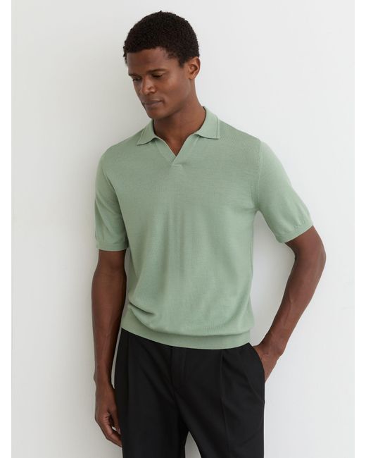 Reiss White Merino Wool Open Collar Polo Shirt for men