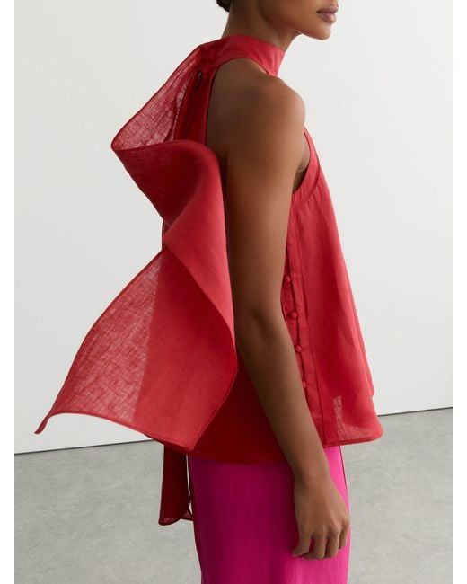 Reiss Pink Andi - Coral Red Linen Sleeveless Scarf-neck Top, Us 8