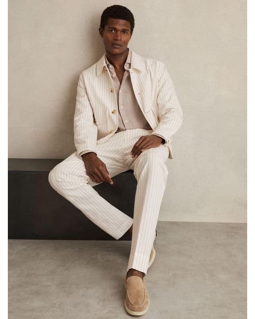 Reiss Natural Off & Taupe Regular-Fit Cotton-Blend Pinstripe Trousers for men