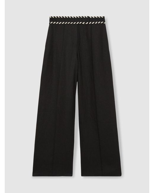 Reiss Fawn - Black Linen Wide-leg Whipstitch Trousers, Us 10 R