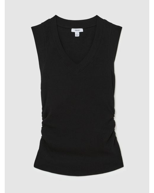 Reiss Black Stretch-Cotton Rib Ruched V-Neck Vest