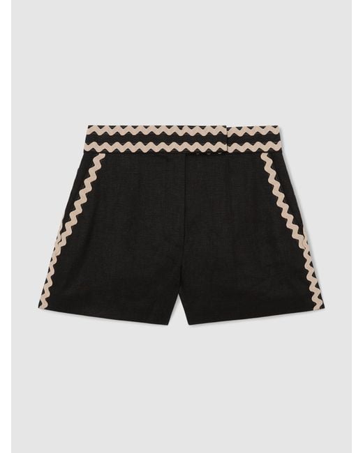Reiss Natural Mila - Black Linen Wave-trim Shorts, Us 0