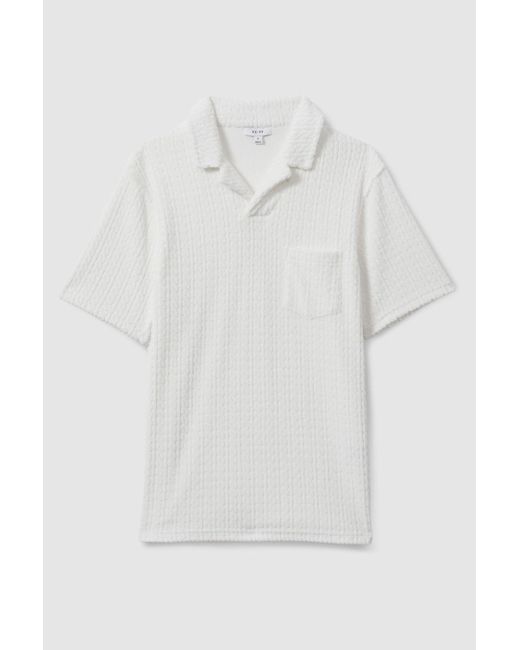 Reiss Cuba - White Towelling Cable Knit Polo Shirt for men