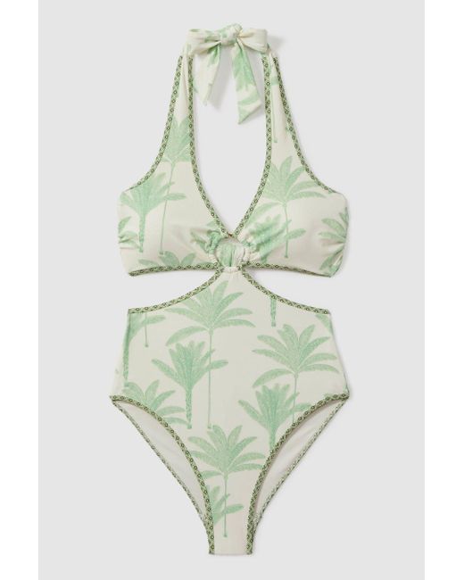 Reiss Natural Gabriella - Green/cream Palm Tree Halter Neck Swimsuit