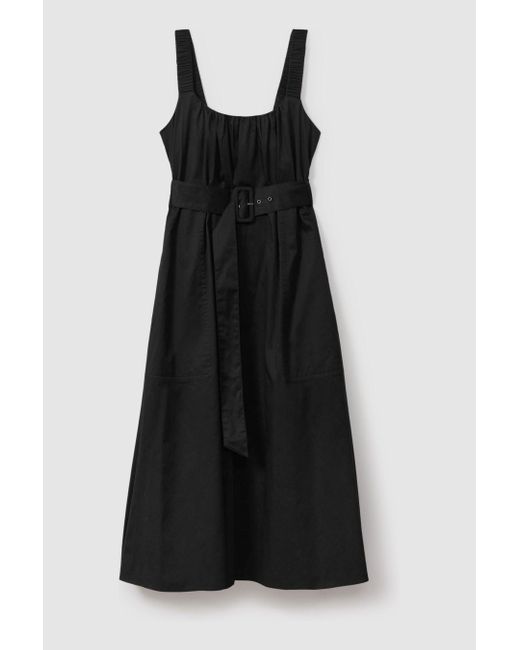 Reiss Brown Liza - Black Cotton Ruched Strap Belted Midi Dress