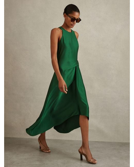 Reiss Green Satin Drape Tuck Midi Dress