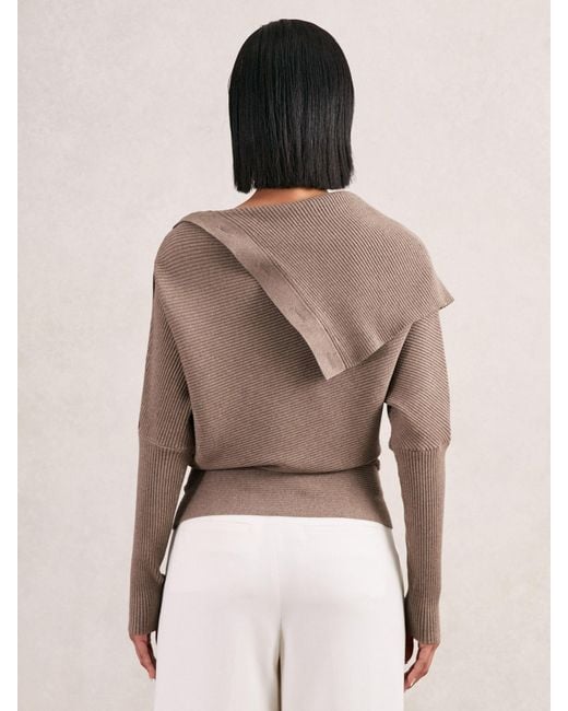 Reiss Brown Rib-Knit Button Shawl Jumper
