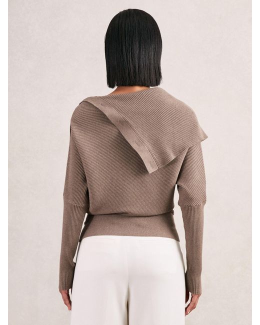 Reiss Brown Rib-Knit Button Shawl Jumper