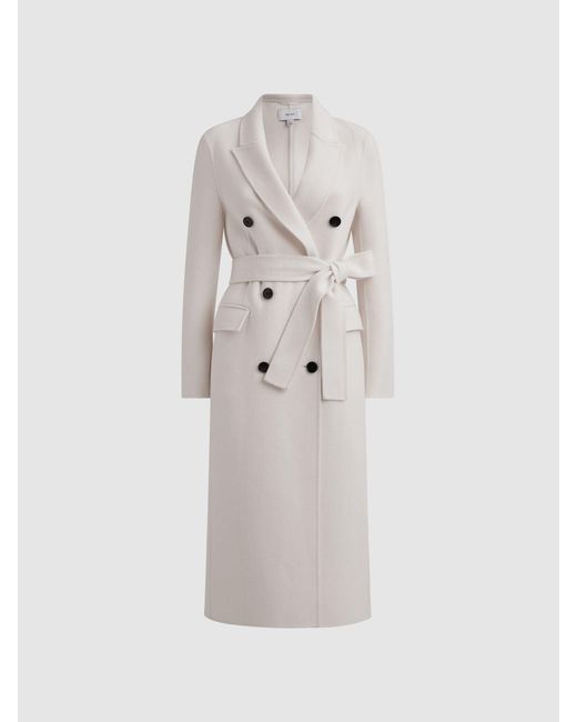 Reiss Blue Arla - Cream Relaxed Wool Blend Blindseam Belted Coat, Us 12