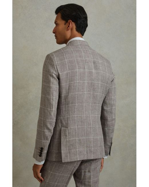 Reiss Gray Burgess - Light Taupe Linen Double Breasted Check Blazer for men