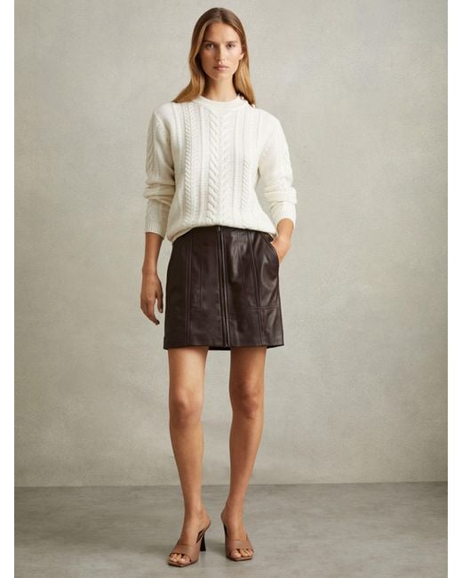 Reiss Natural Leather Zip-Front Mini Skirt