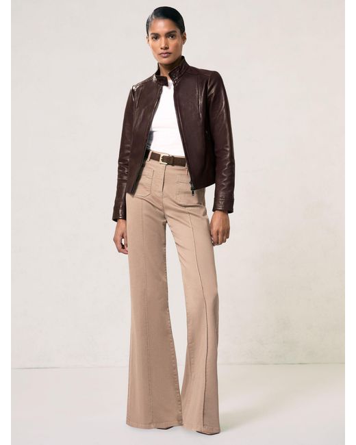 Reiss Brown Fitted Leather Biker Jacket