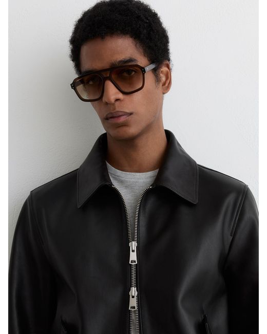 Reiss Black Leather Zip-Through Jacket for men