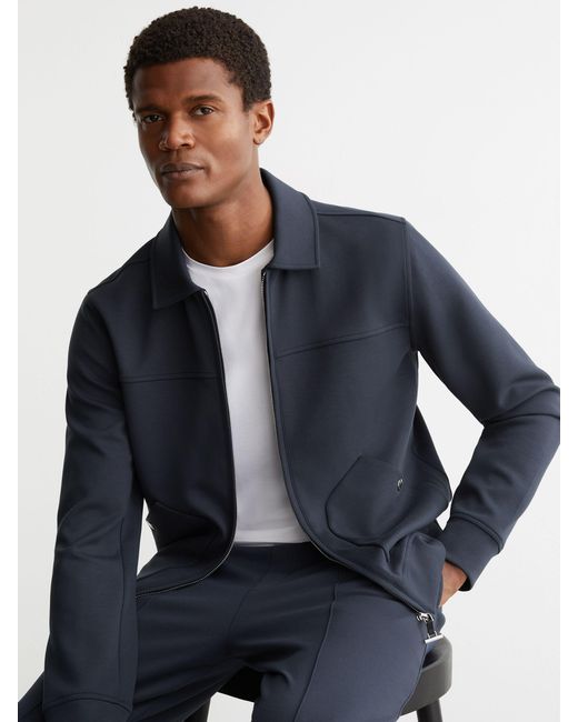 Reiss Blue Premium Interlock Zip-Through Overshirt for men