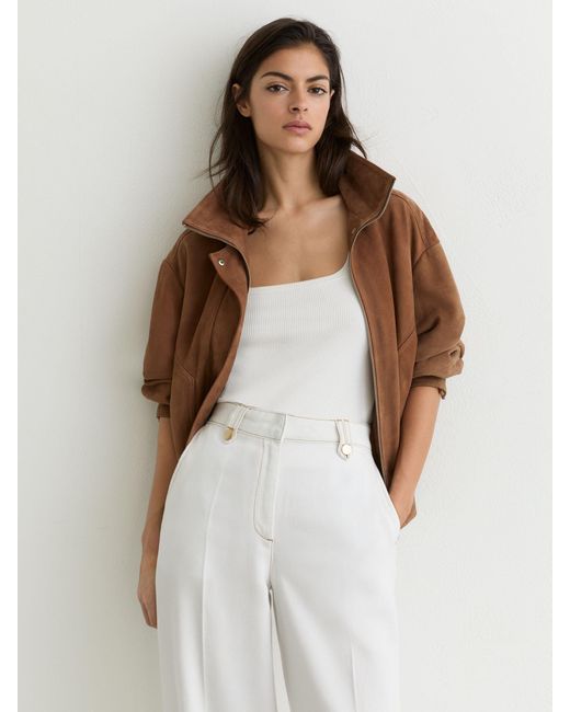 Reiss Gray Lyocell Topstitched Wide-Leg Trousers