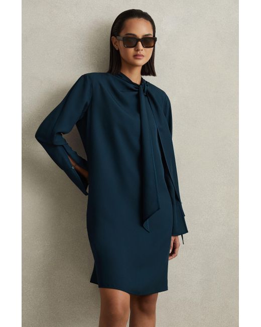 Reiss Blue Avery - Teal Tie Neck Belted Mini Dress