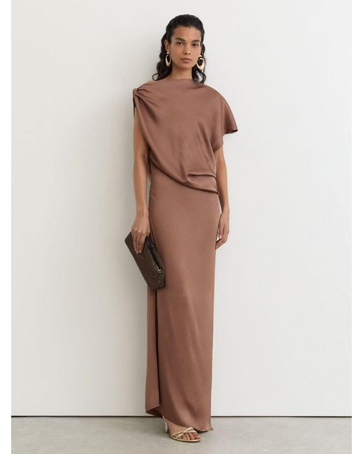 PAIGE Brown Satin Asymmetric Draped Maxi Dress