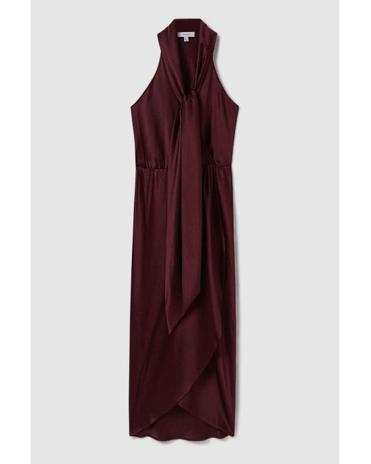 Reiss Red Tayla - Burgundy Satin Wrap Front Midi Dress, Us 8