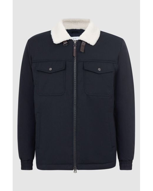 Reiss Black Harvey - Navy Quilted Faux Shearling Collar Coat for men